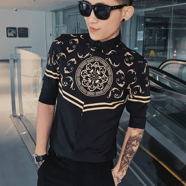 

brand print men shirt summer short sleeve casual slim fit shirts men dress blusa streetwear social nightclub clothes camisa, White;black