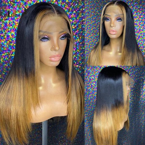 

lace wigs atina remy pre plucked ombre honey blonde human hair color hd transparent part for black women glueless 250% full, Black;brown
