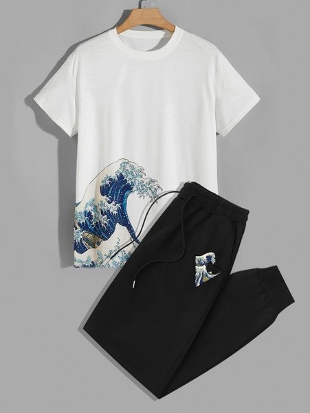 

men wave print tee & drawstring waist sweatpants w22k#, Gray
