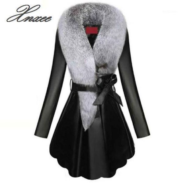 

plus size 9xl collar patchwork overcoat women's winter new coat long sleeve female jackets pu leather jacket faux fur coats1, Black;brown