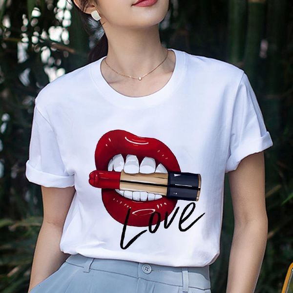 

summer women's red mouth lip love print t shirts fashion o-neck short sleeve clothing tshirt harajuku leisure white t-shirt