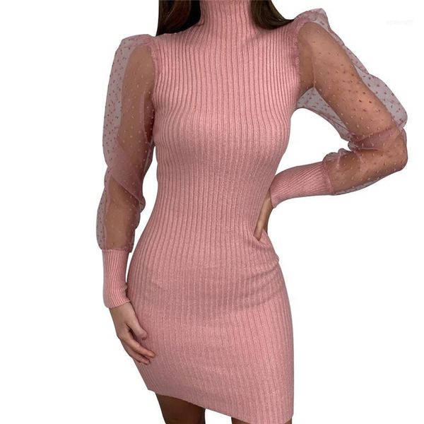 

mesh sheer long sleeve sheer bodycon elegant polka dots dress women 2020 spring slim fit mini party office ladies dresses11, Black;gray