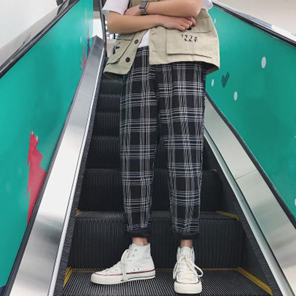 

men's pants streetwear black plaid men joggers 2021 mens straight harem korean hip hop trousers plus size
