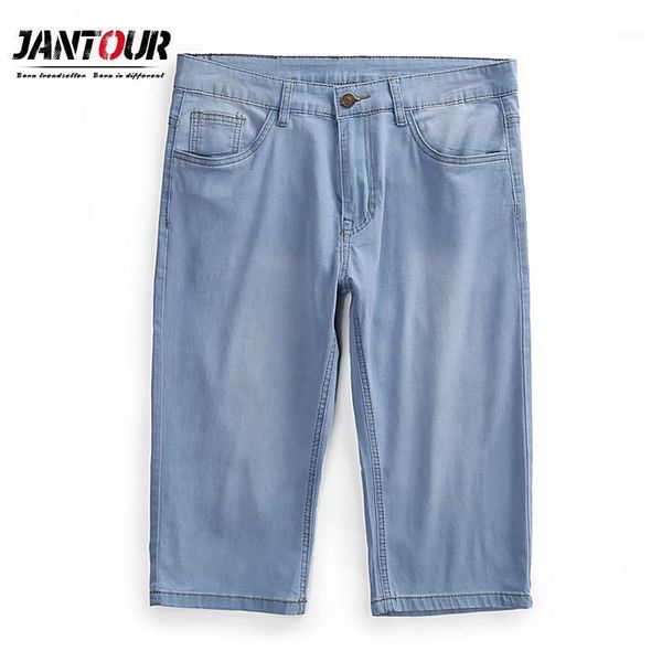 

jantour summer new cotton denim shorts men jeans bermuda pocket calf-length solid blue male short thin trousers plus size 28-401