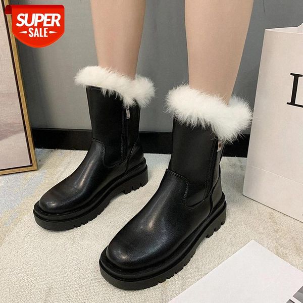 

lucyever fluffy faux fur platform ankle boots women black waterproof pu leather chunky shoes woman non slip short botas mujer #sn4t