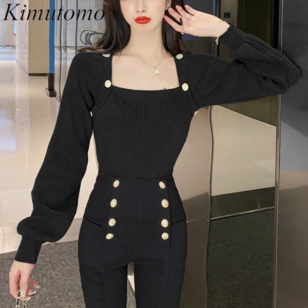 

kimutomo women solid knitted sweater spring autumn 2021 korea new fashion girls square collar slim lantern sleeve wild h1211, White;black