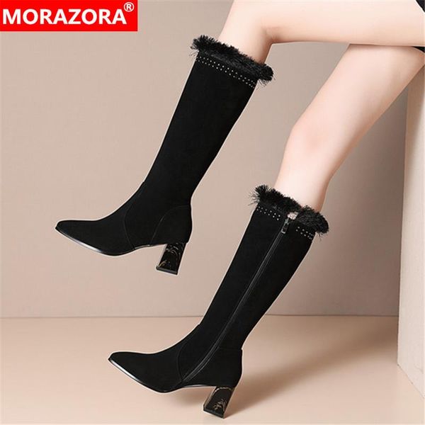 

morazora 2021 winter knee high boots cow suede fashion women boots thick heels pointed toe keep warm ladies shoes, Black