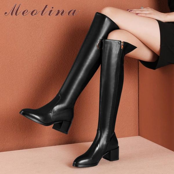 

meotina knee high boots women shoes real leather high heel long boots zip block heels metal decoration lady autumn winter, Black