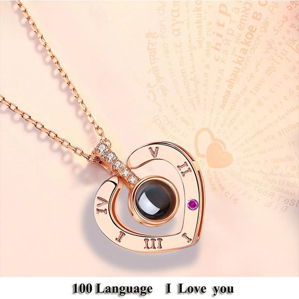 

i love you charming couple necklace cubic zirconia stainless steel lady creative charm jewelry projecting 100 languages, Silver