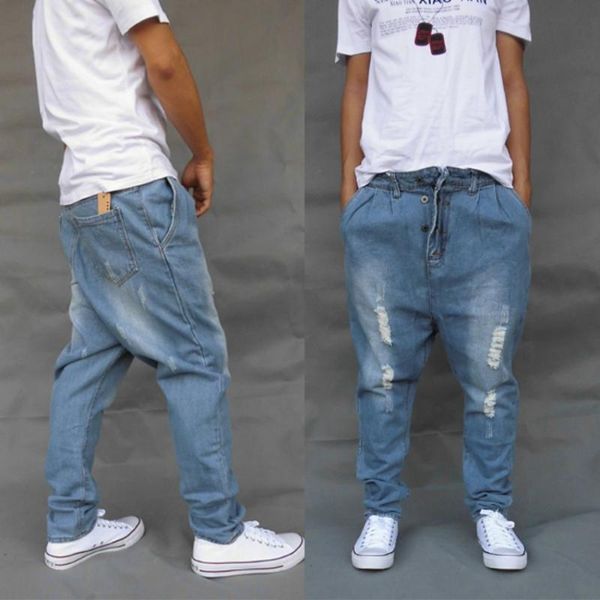 

blue fashion mens denim harem pants loose cotton casual jeans trousers boys baggy size cross pantalones kg-59