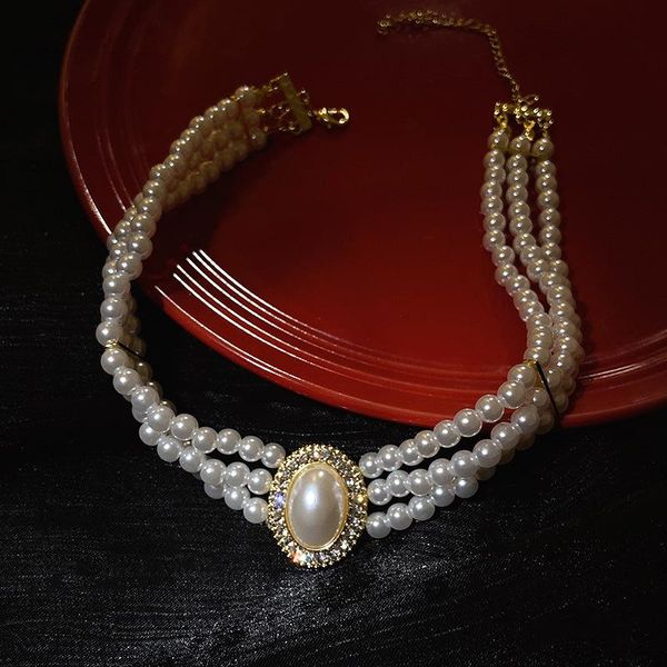 

vintage elegant banquet short section double pearl necklace round pendant clavicle chain for women party jewelry, Silver