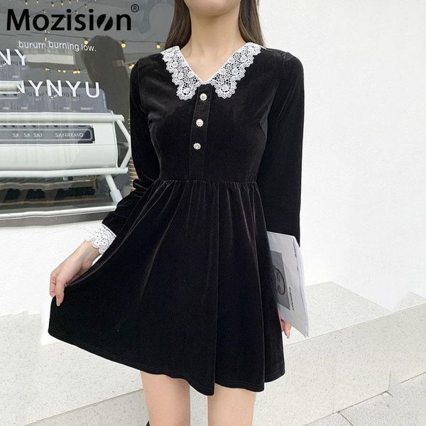 

mozision lace velvet dress for women v neck full sleeve a-line dresses female 2021 spring new pullover high waist vestidos, Black;gray