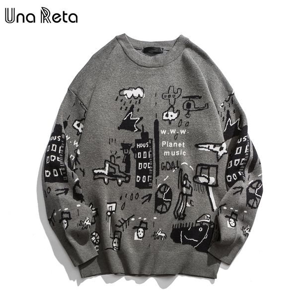 

una reta men's sweater new autumn fashion print cartoon sweater pull homme casual loose vintage pullover sweater men 201201, White;black