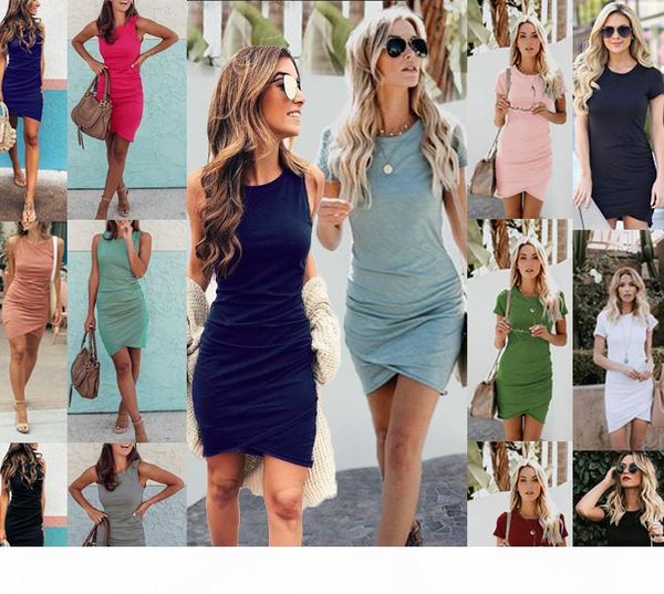 

solid color crew neck dress short sleeves irregular dress ruched dresses fashion hip wrap mini skirt women clothes drop ship 220060, Black;gray