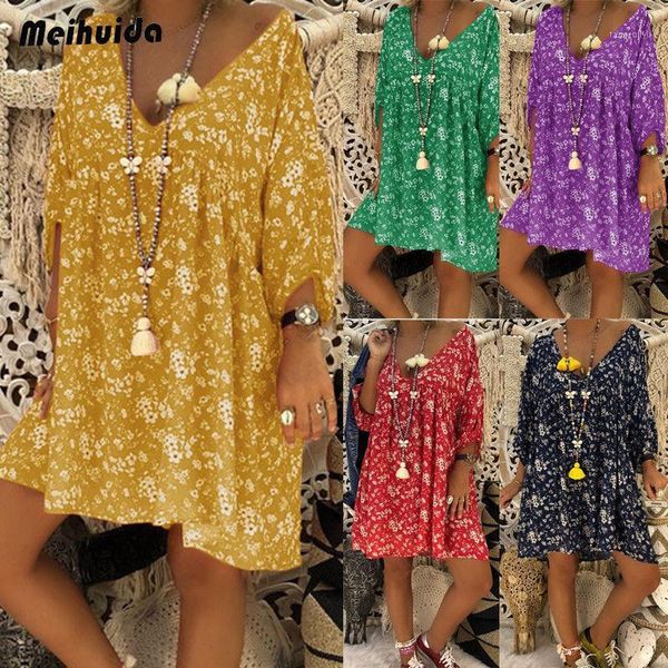 

women's vintage boho floral long sleeve dress ladies casual dress1, Black;gray