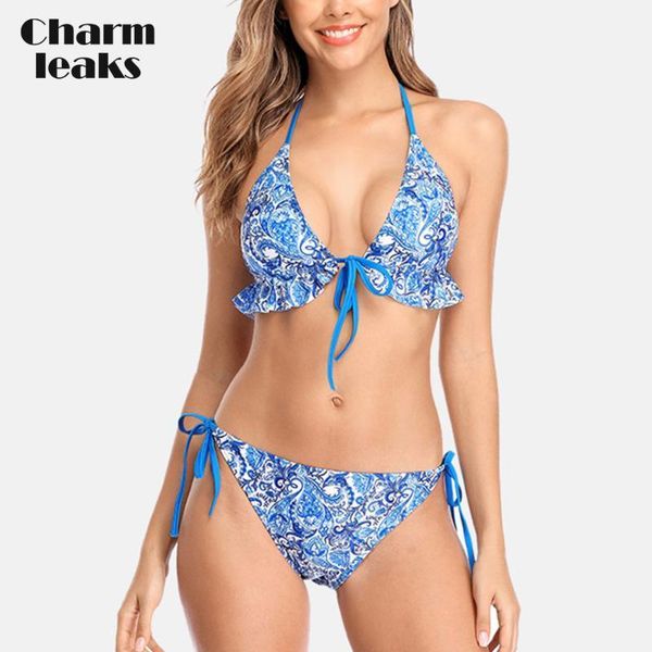 

charmleaks women bikini set lotus leaf bikini tied front bandages swimwear printed push up swimsuit1, White;black