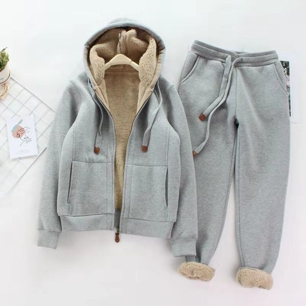 

2021 new winter plus velvet thickening hoodies two piece set womans tracksuits pants thick warm clothes womens color jacket suit, Gray
