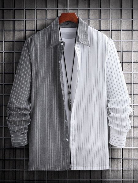 

men two tone vertical striped shirt without tee 4916#, White;black