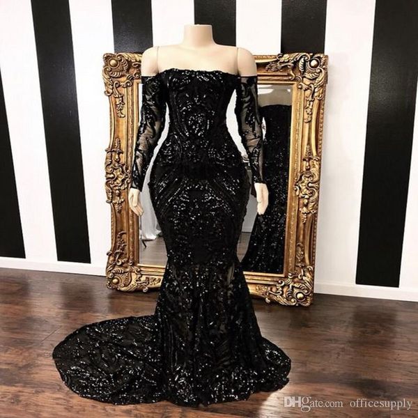 

2022 black off the shoulder mermaid prom party dresses new long sleeve sweep strain sequined formal evening gowns