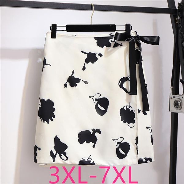 

new spring autumn plus size skirt for women large casual loose elastic waist floral print bow short skirts white 4xl 5xl 6xl, Black