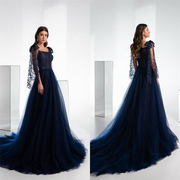 

gorgeous blue evening dresses 2021 spaghetti strap appliqued lace a-line prom dress sweep train red carpet dress formal party dress, Black;red