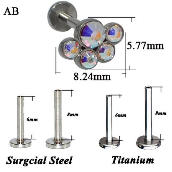 

1pc g23 titanium&steel internal threaded bear paw opal cz gem flower ear tragus helix cartilage earring lip stud labret bar ring q sqcegp, Silver