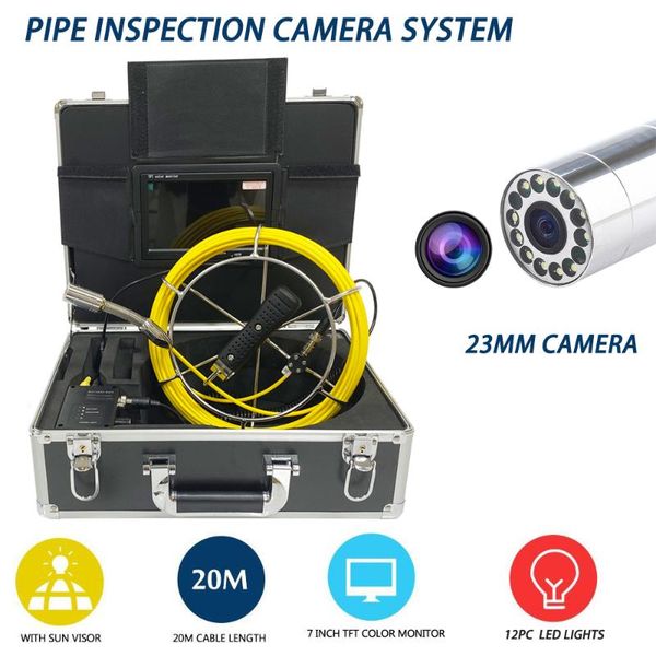 

7" lcd 20m waterproof pipe inspection camera drain 23mm len sewer pipeline industrial endoscope system 12pcs leds adjustable