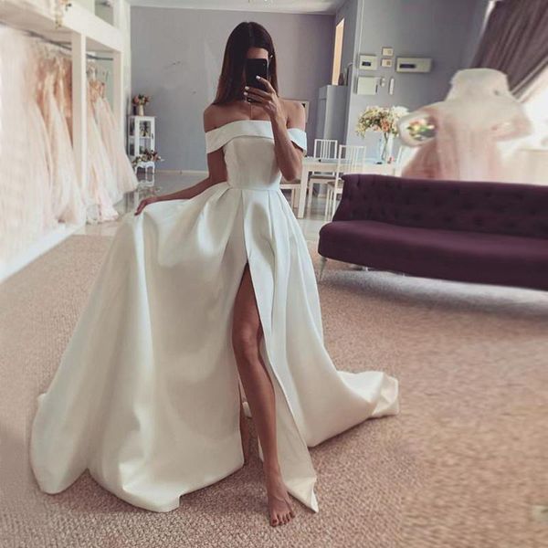 

simple wedding dress satin split off the shoulder a-line vestidos de novia with court train lace up back simple wedding gowns bride dress, White