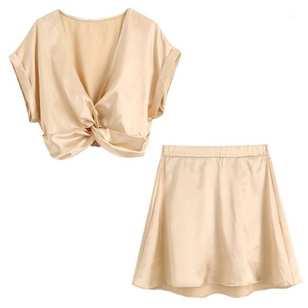 

2020 new women summer suits two piece set satin knotted v-neck short turn-up sleeves & mini skirts elastic waist1, Gray
