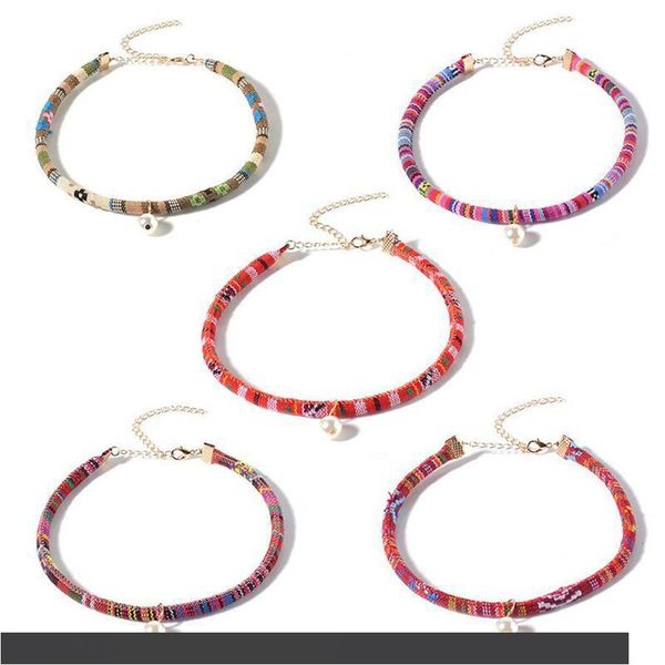 

summer bohemia simulated pearl necklaces&pendants stripe colorful cloth short collares women chokers fashion jewelry gifts, Silver