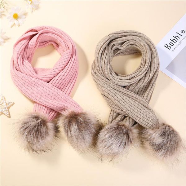 

new autumn winter woolen knitted children's scarf korean version warm for boys girls all-match solid color fur ball scarf a114, Blue;gray