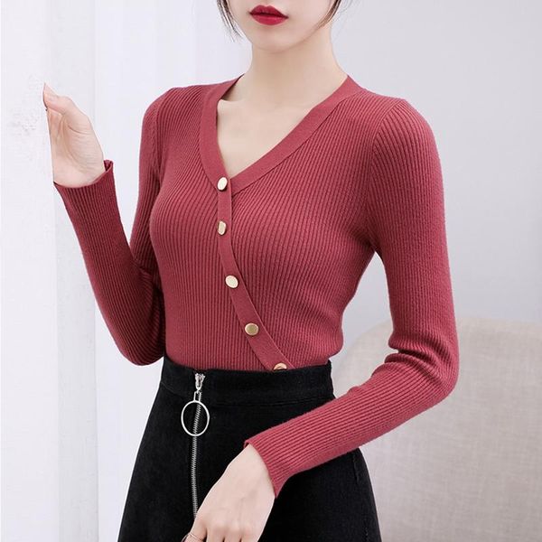 

2020 new casual v neck button sweater women solid autumn winter female slim knit sweater pullovers soft jumper khaki black bbykyu, White;black