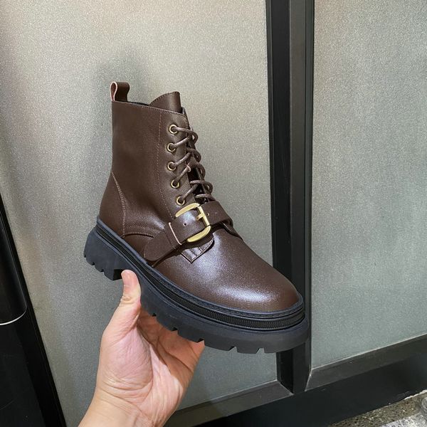 

2021 new ankle square heel fashion buckle lace up zipper short boots cow leather casual round toe women shoes size 34-39 5et8, Black
