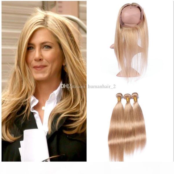 

honey blonde silk straight hair 3 bundles with 360 lace frontal closure 27 strawberry blonde pure color 360 lace band frontal with bundles, Black;brown