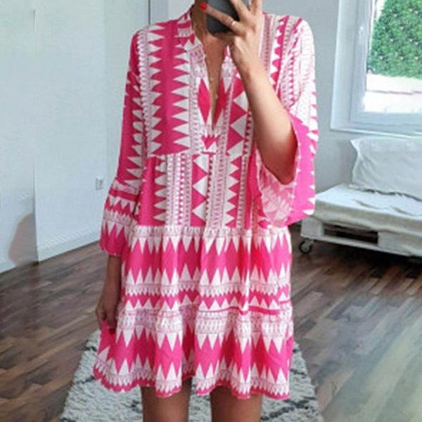 

women's v-neck boho tunic mini dress plus size 5xl 3/4 flare sleeve straight short dresses female 2020 summer beach sundress1, Black;gray