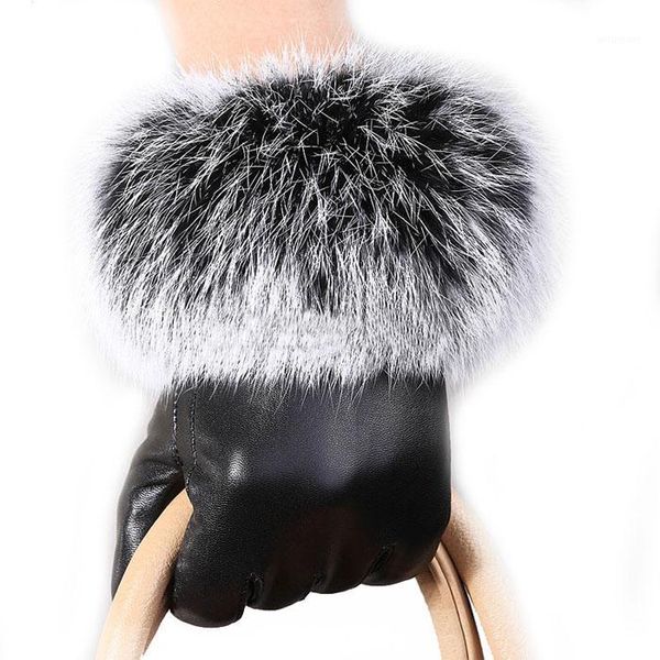 

gloves 1pc women lady black leather gloves autumn winter warm fur mittens glove 2020 nov241, Blue;gray