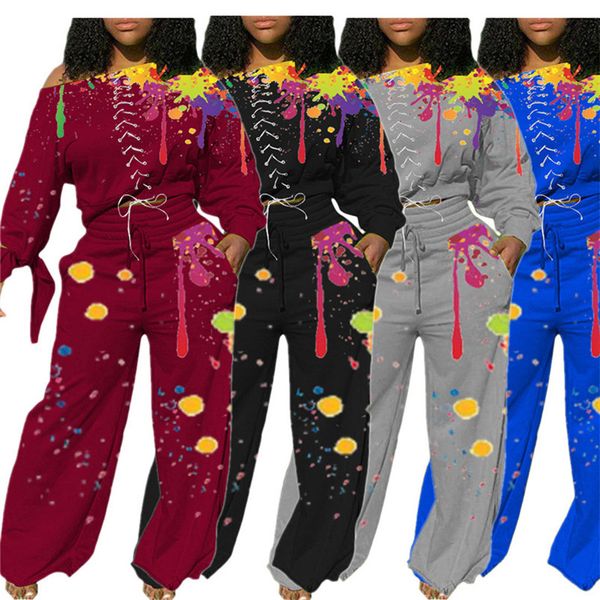 

женщины всплеск чернил печати трексуита граффити уличная одежда широкие ноги брюки наряд новый с длинным рукавом негряква, White