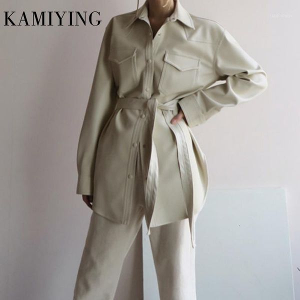 

kamiying pu leather korean women's coats lapel collar long sleeve pocket single breasted lace up loose coat female 20201, Black
