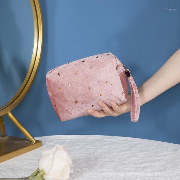 

velvet make-up bag hand carry cosmetics storage flannel makeup octagonal bag travel gold star women zipper vintage wash case new1