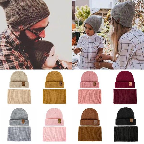 All'ingrosso- Cappello e sciarpa autunno inverno da donna Set berretti lavorati a maglia Cappelli Sciarpa ad anello per bambini Berretto da uomo Genitore-bambino 2 pezzi