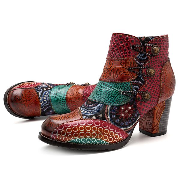 

socofy vintage splicing printed ankle boots for women shoes woman genuine leather retro block high heels women boots 2020 y200723, Black