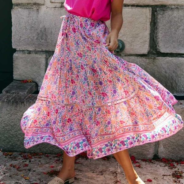 

flowing maxi skirt pink floral print skirt slit side elastic waist skirt women tassel chic casual long, Black