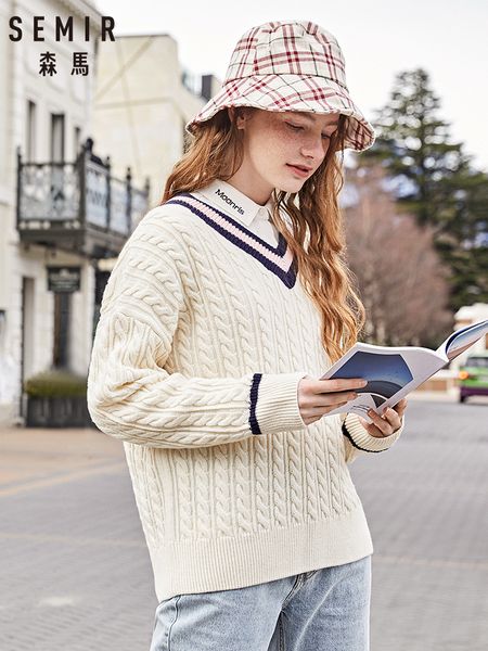 

semir women loose thin v-neck 2019 winter new soft college wind pullover sweater country style