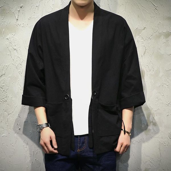 

japan style kimono jacket men 100 %cotton linen loose mens jackets plus size 3/4 sleeve open stitch casual coat male windbreaker, Black;brown