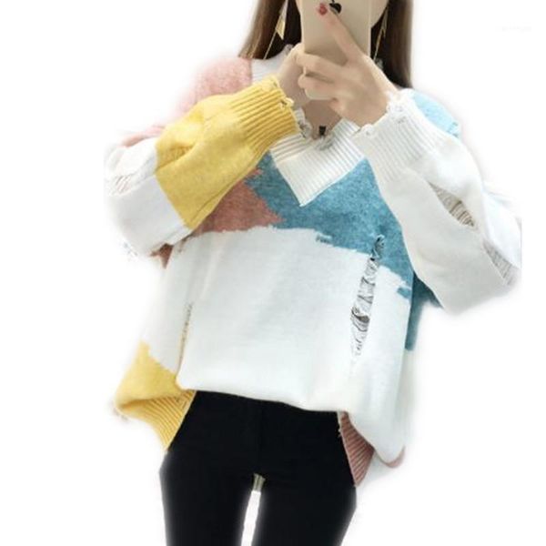 

new arrival women sweater pullovers autumn winter knitted jumper holes plus size warm pull femme hiver 2019new v-neck h1871, White;black