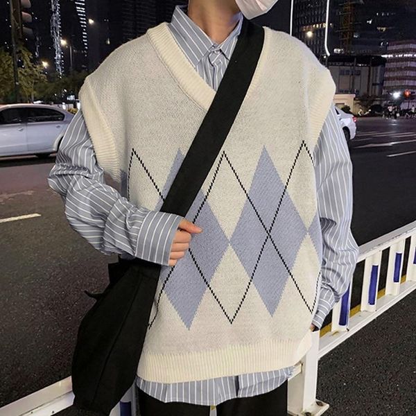 

2020 autumn men patchwork v-neck sleeveless sweaters chic preppy style side-slit couple teens waistcoat retro high quality, Black;white