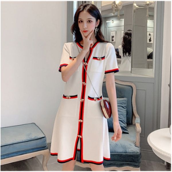 

contrast colour striped knitted women dress 2019 autumn winter runway bees button v-neck long sleeve pocket vintage dress y200805, Black;pink