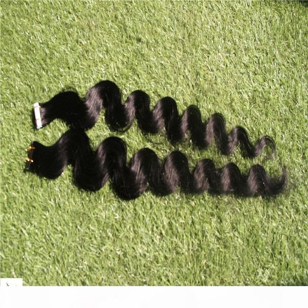 

pure color 100% skin weft tape in human hair extensions 40 pcs body wave hair extensions 10-30 inchs tape in remy hair, Black