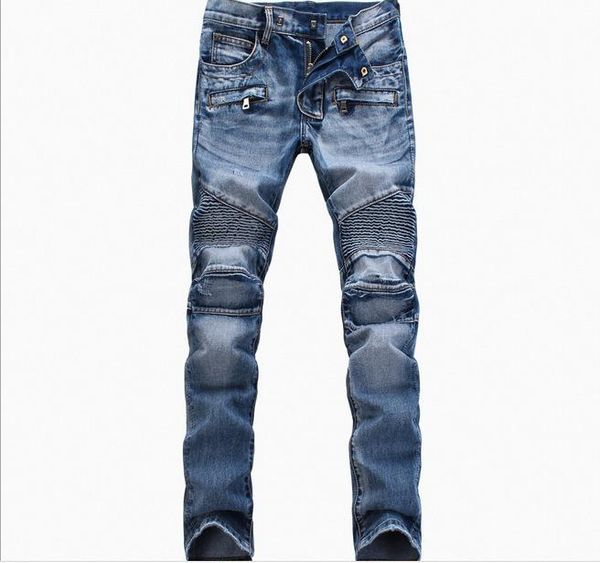 

2d men's motorcycle trousers trade drape zou zipper decorative jeans trousers elastic popular in europe and the united states, Blue