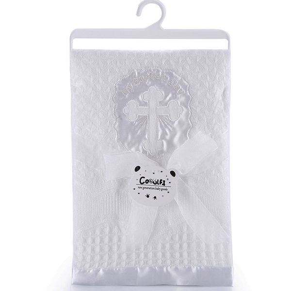 

gooulfi christening baby blanket acrylic knitted satin border newborn baptism blanket white baby shawls and blankets y201009